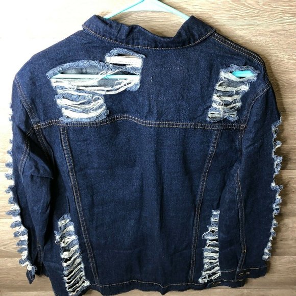 Ella Womens Size Large Dark Blue Distressed Denim Jacket NWT - Picture 6 of 7